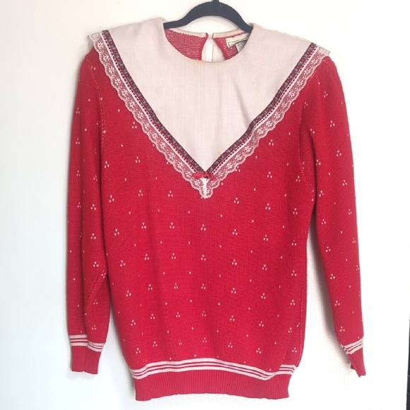Scott McClintock Sweaters - Vintage Scott McClintock 1980s Red White Pullover Sweater Bibbed Collar Small